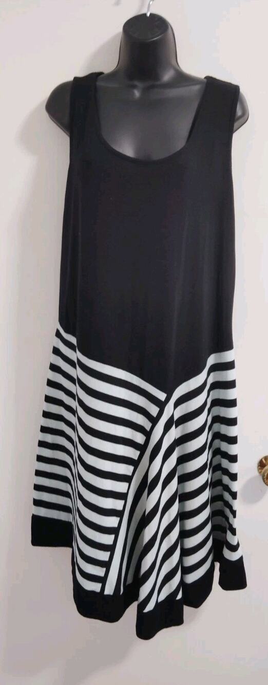 Allison Brittney Tank Dress Womens 1X Medium Black Light Blue Striped Scoop Neck